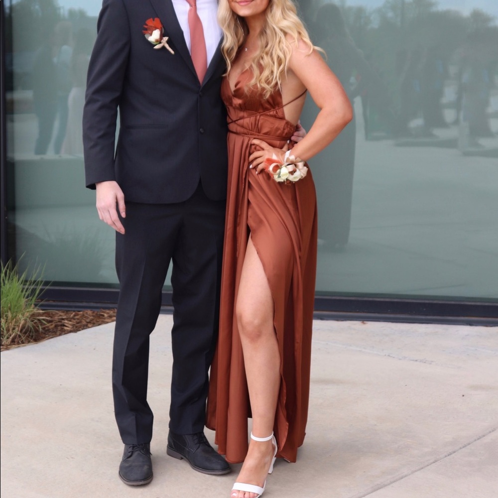 White Fox Boutique Copper Brown Satin Prom Dress